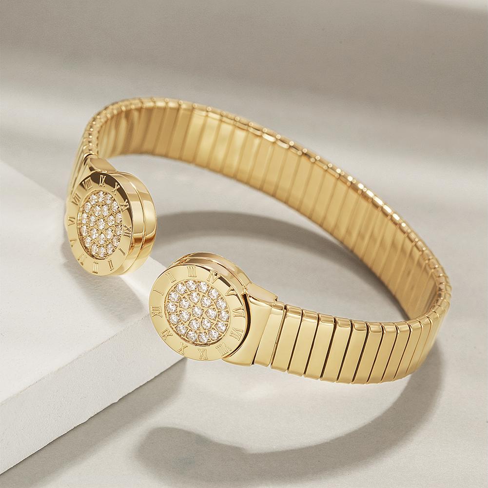 Elegant Roman Numerals Cuff Bangle made of stainless steel with gold plating.