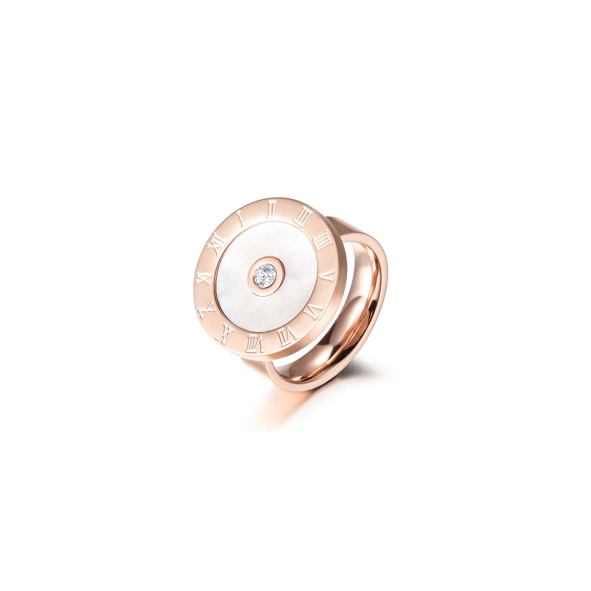 Rose Gold Mother Of Pearl Roman Numerals Ring showcasing elegant design and luxurious finish.