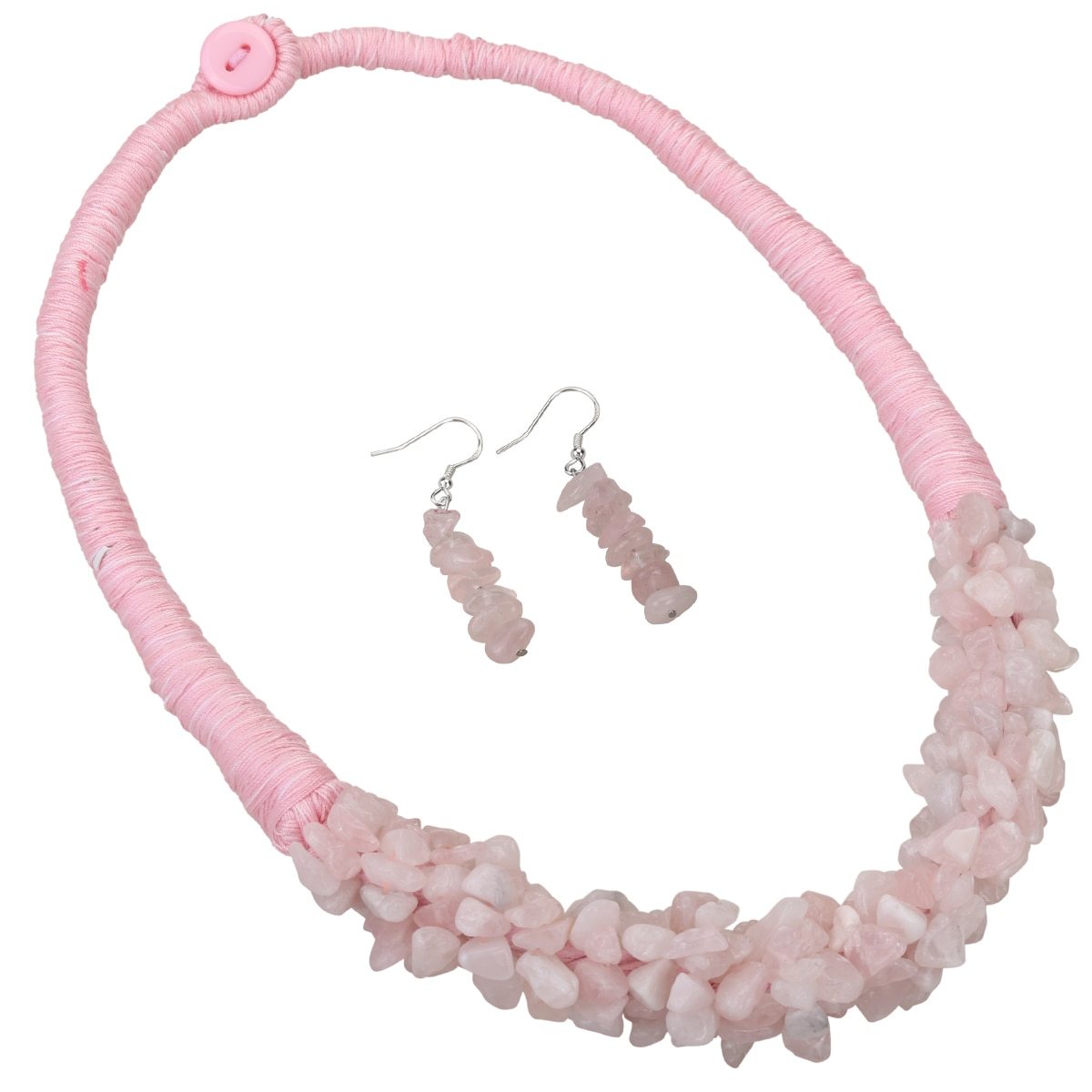 Rose Quartz 925 Sterling Silver Wide Layers Choker Necklace and Dangle Earrings Jewelry Set, featuring natural rose quartz stones and elegant design.