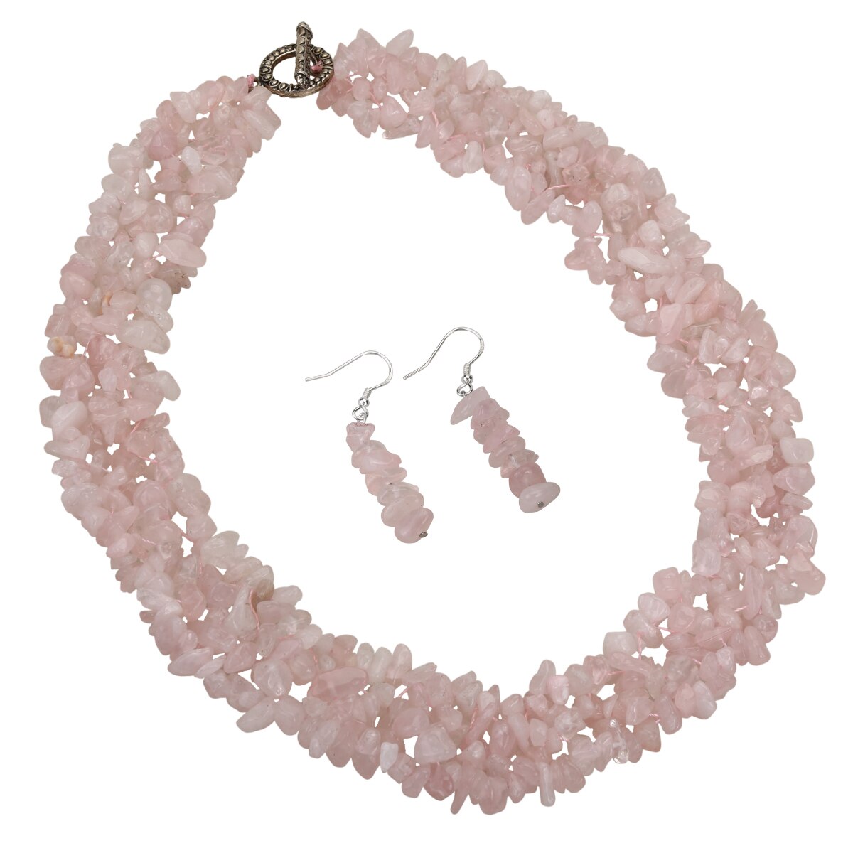 Rose Quartz 925 Sterling Silver Wide Layers Choker Necklace with Dangle Earrings, showcasing elegant design and natural stones.