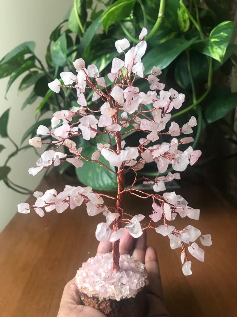 A beautiful Rose Quartz Gemstone Tree with 200 chips, featuring a wooden base and delicate pink crystals, symbolizing love and healing.