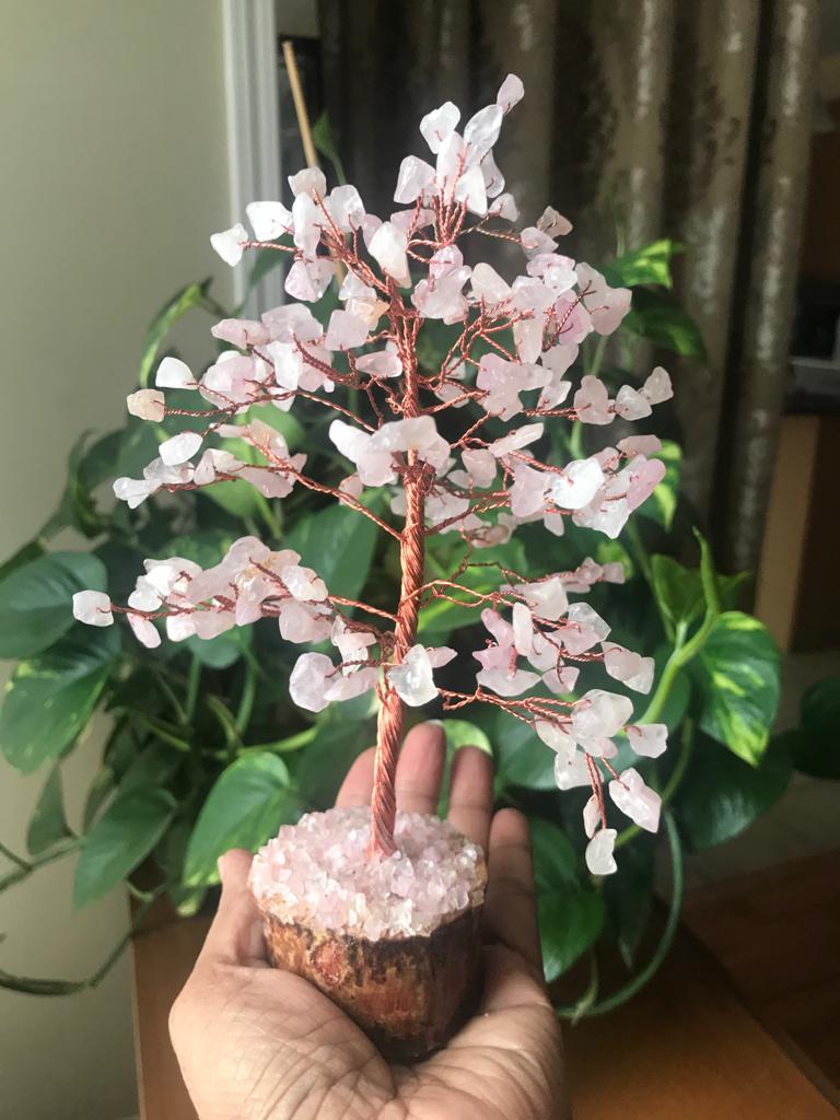 A beautiful Rose Quartz Gemstone Tree with 200 chips, featuring a wooden base and delicate pink crystals, symbolizing love and healing.