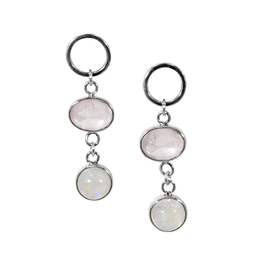 Elegant Rose Quartz and Rainbow Moonstone earrings in sterling silver, featuring an open circle design.