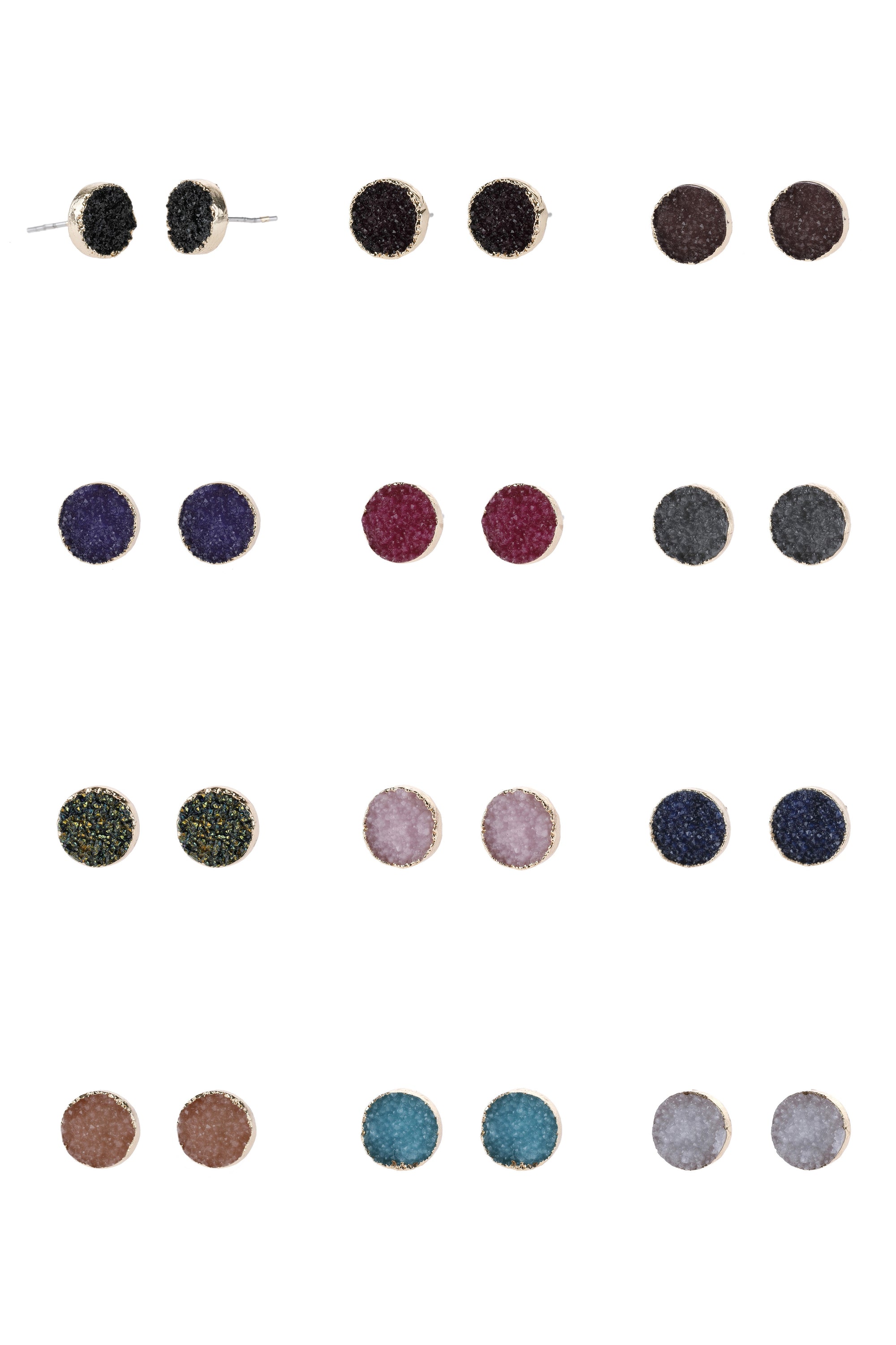 Round Druzy Stud Earrings by DOBBI in various colors, showcasing their sparkling druzy stones and elegant design.