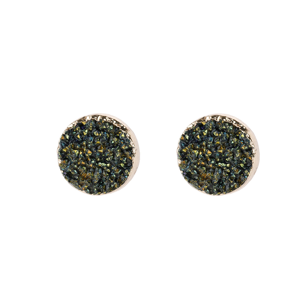 Round Druzy Stud Earrings by DOBBI in various colors, showcasing their sparkling druzy stones and elegant design.