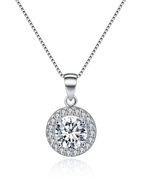 Round Halo Crystal Pendant Necklace featuring a sparkling cubic zirconia centerpiece and 18K white gold plating, elegantly displayed on a soft background.
