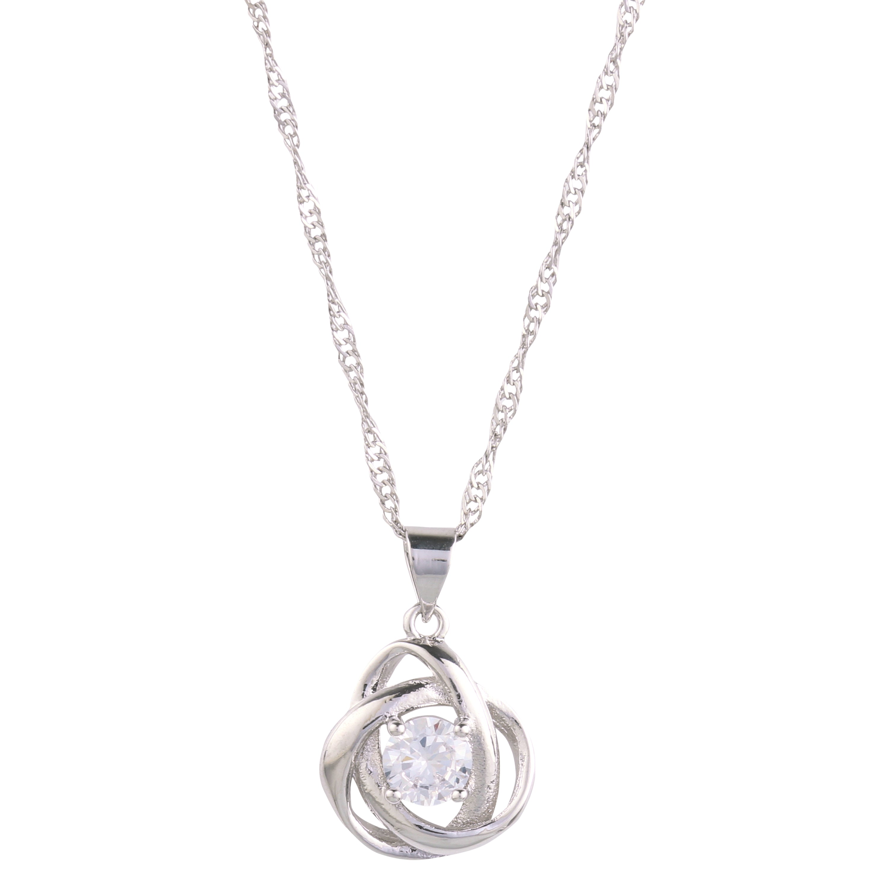 Round Knot Pendant Necklace featuring clear cubic zirconia on a brass rhodium plated chain, elegantly designed for stylish wear.