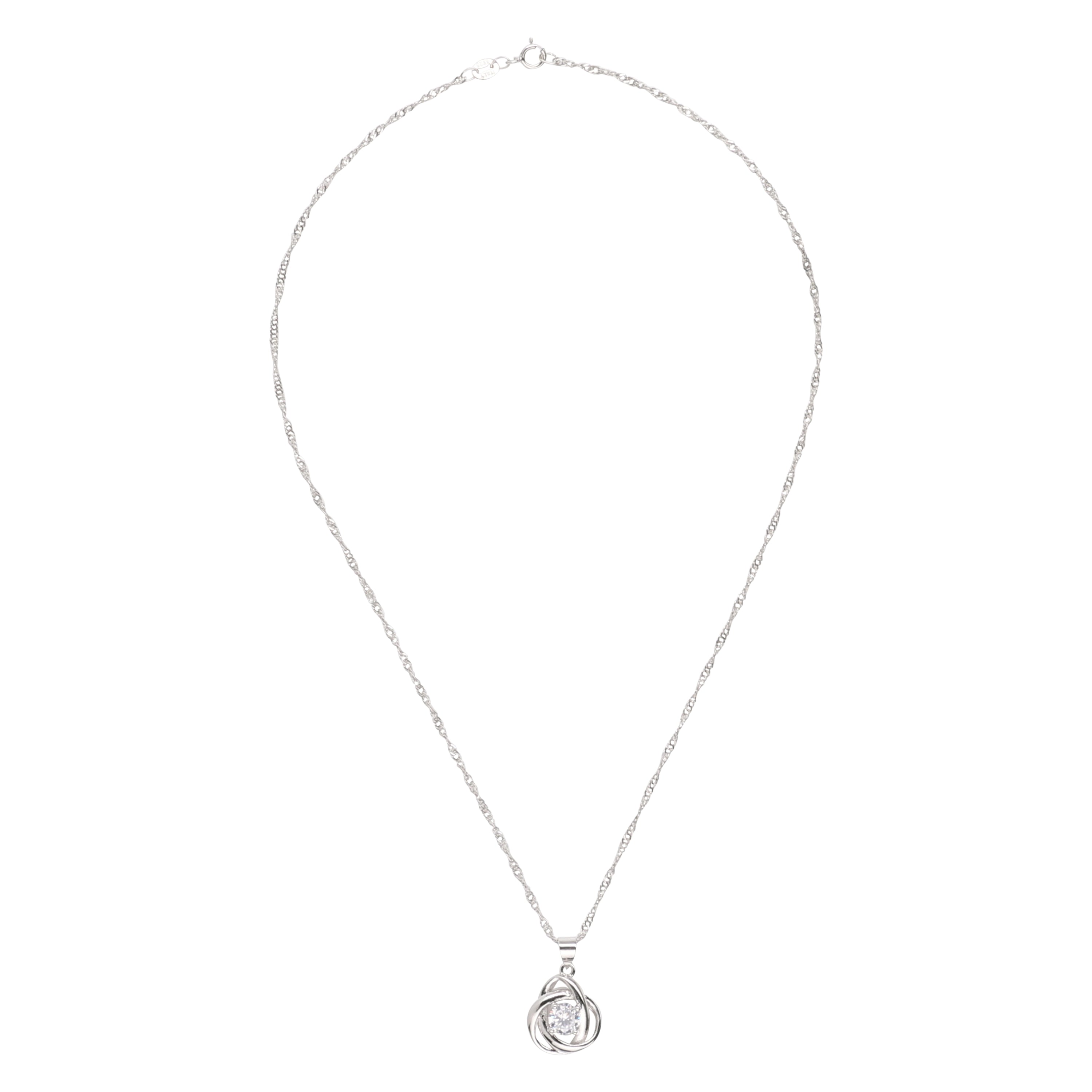 Round Knot Pendant Necklace featuring clear cubic zirconia on a brass rhodium plated chain, elegantly designed for stylish wear.