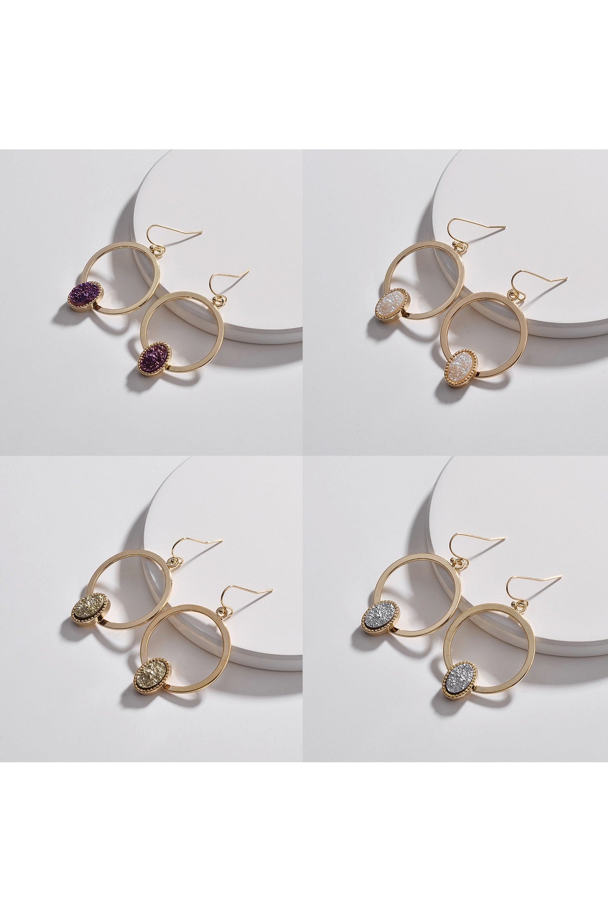 Round Metal With Druzy Hook Earrings featuring a shimmering druzy stone and elegant design, perfect for summer and special occasions.