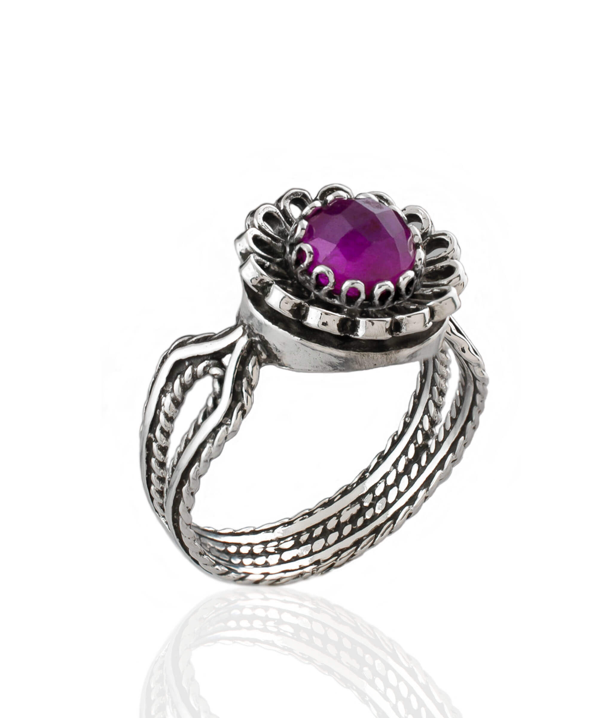 Elegant Ruby Corundum Gemstone Sterling Silver Cocktail Ring with intricate flower design and luxurious finish.