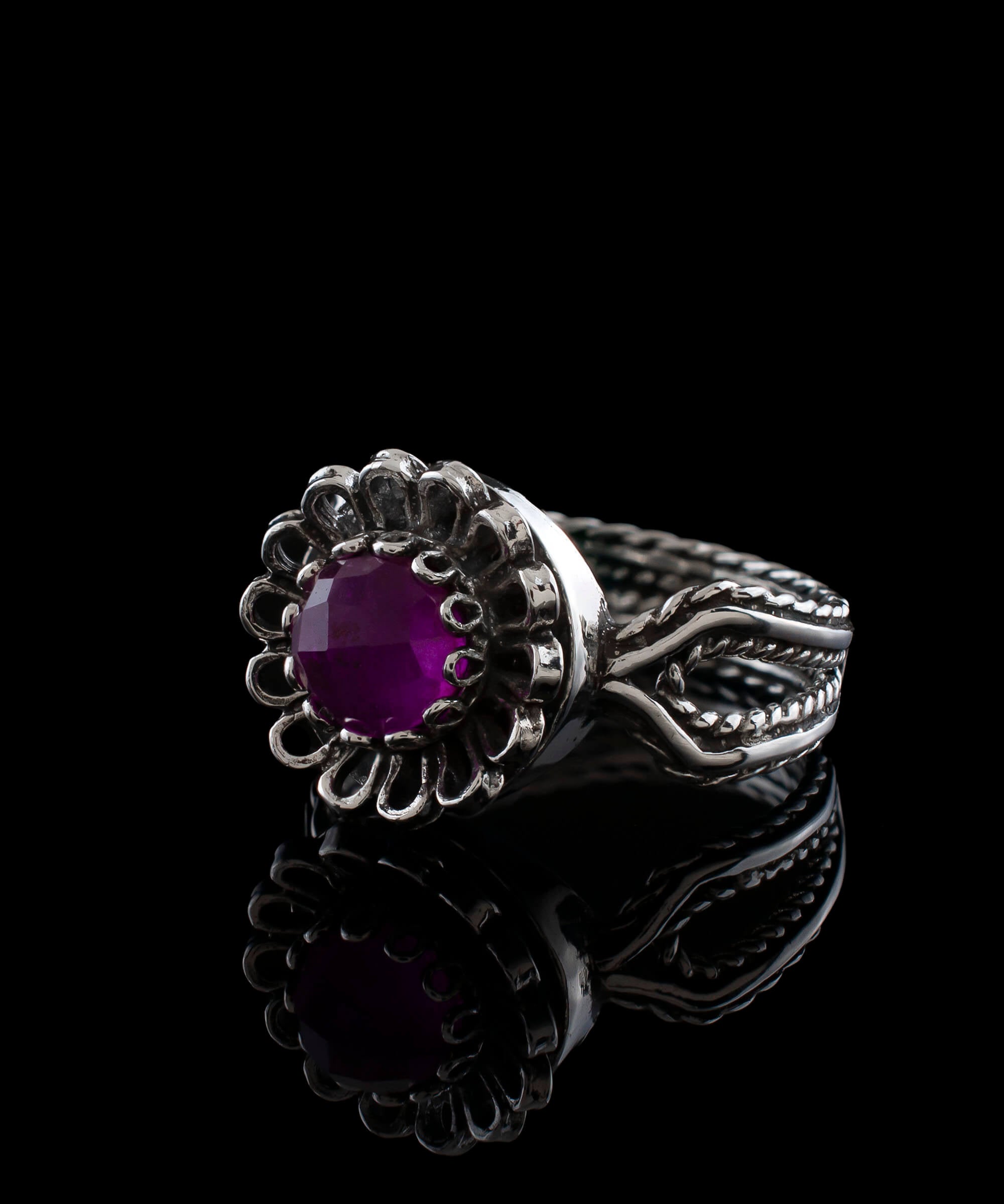 Elegant Ruby Corundum Gemstone Sterling Silver Cocktail Ring with intricate flower design and luxurious finish.