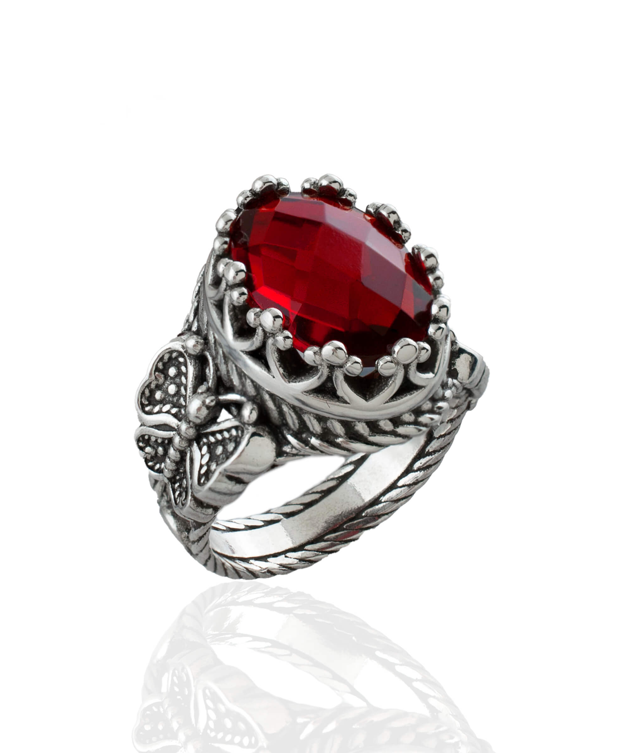 Ruby Quartz Gemstone Filigree Art Double Butterfly Ring in 925 sterling silver with intricate detailing and a deep red gemstone.