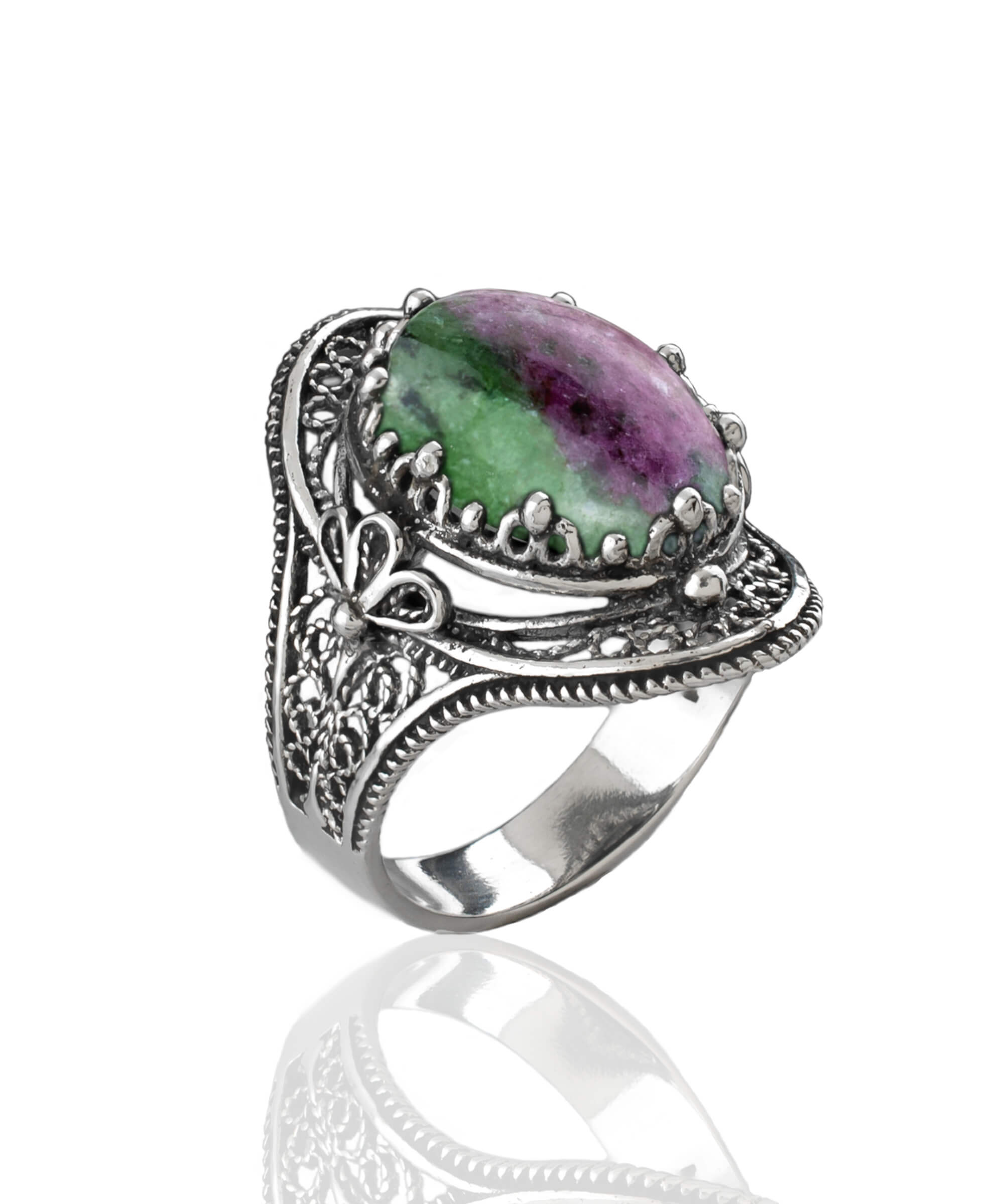 A stunning Ruby Zoisite gemstone filigree art ring made of sterling silver, showcasing intricate designs and a vibrant green-red stone.