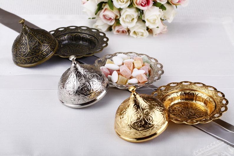 Rustic wedding favor box in antique silver and gold colors, elegantly designed for special occasions.