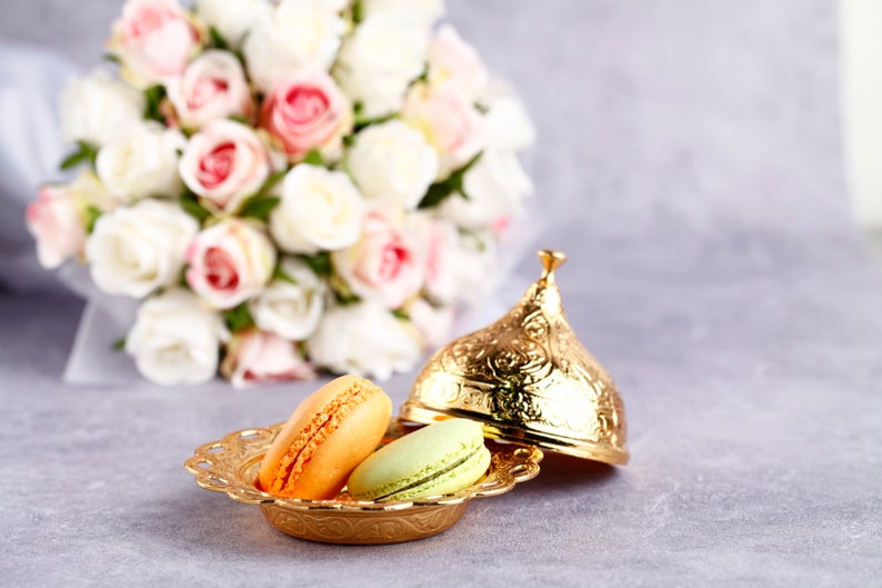 Rustic wedding favor box in antique silver and gold colors, elegantly designed for special occasions.