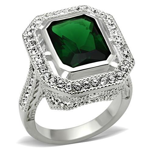 SS002 Silver 925 Sterling Silver Ring featuring a vibrant emerald synthetic glass center stone, showcasing elegant craftsmanship.