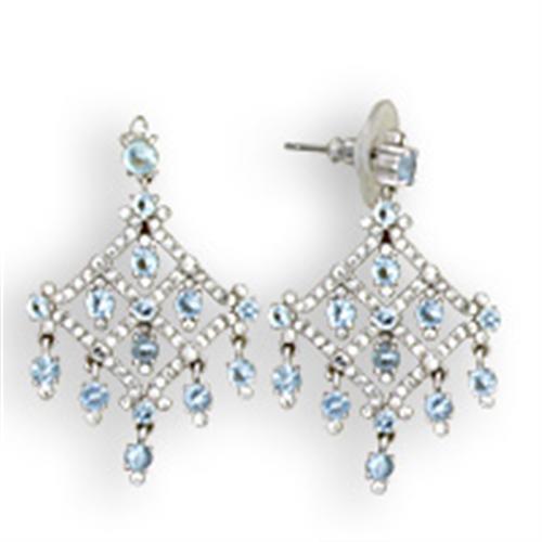Elegant S35801 Rhodium 925 Sterling Silver Earrings featuring round sea blue crystals, showcasing their stunning design and quality craftsmanship.