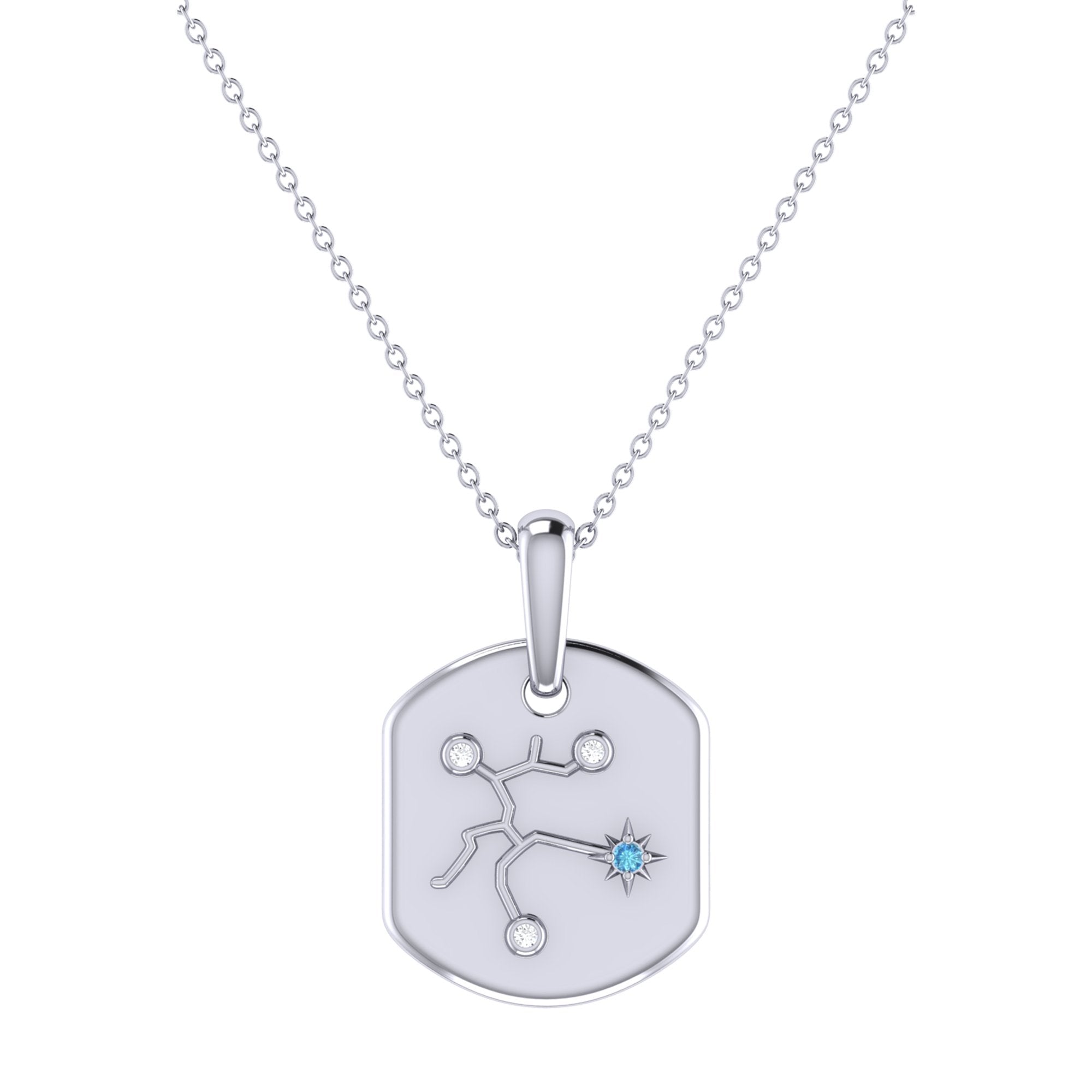 Sagittarius Archer Constellation Tag Pendant Necklace featuring blue topaz and diamonds in 925 Sterling Silver.