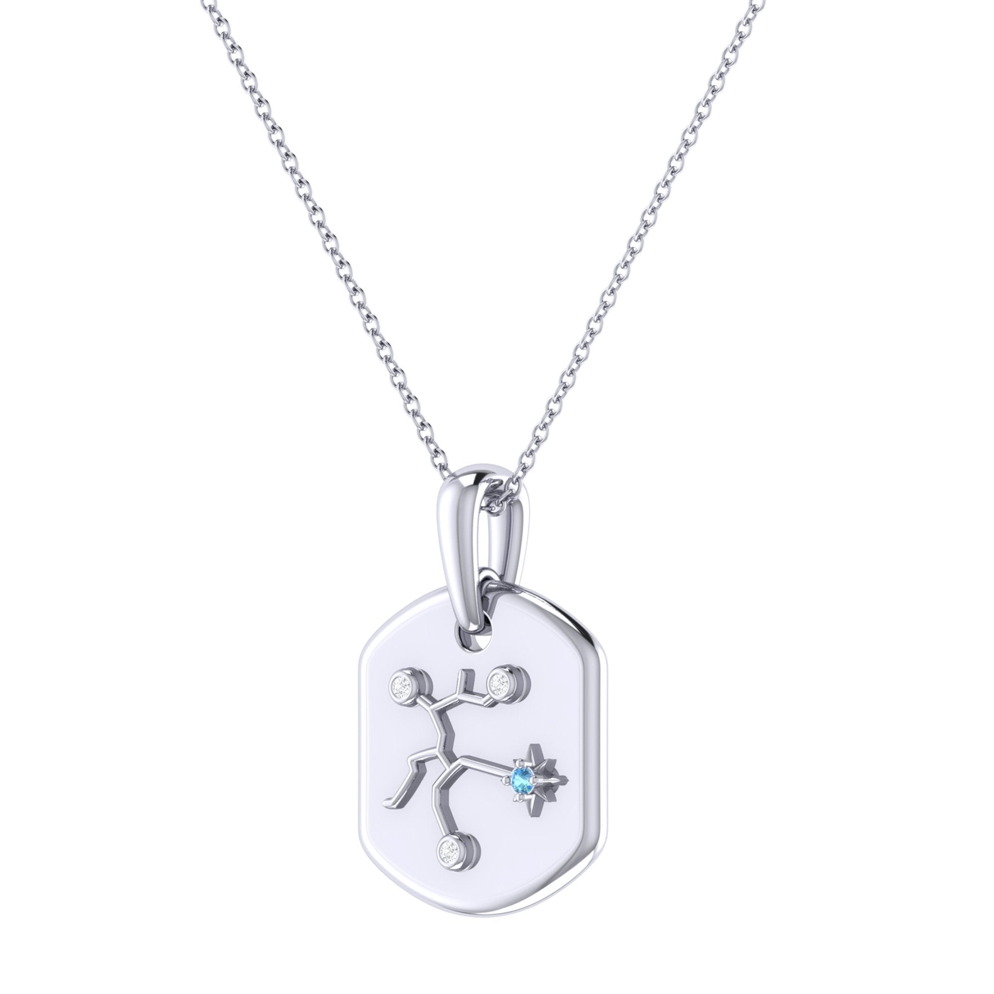 Sagittarius Archer Constellation Tag Pendant Necklace featuring blue topaz and diamonds in 925 Sterling Silver.