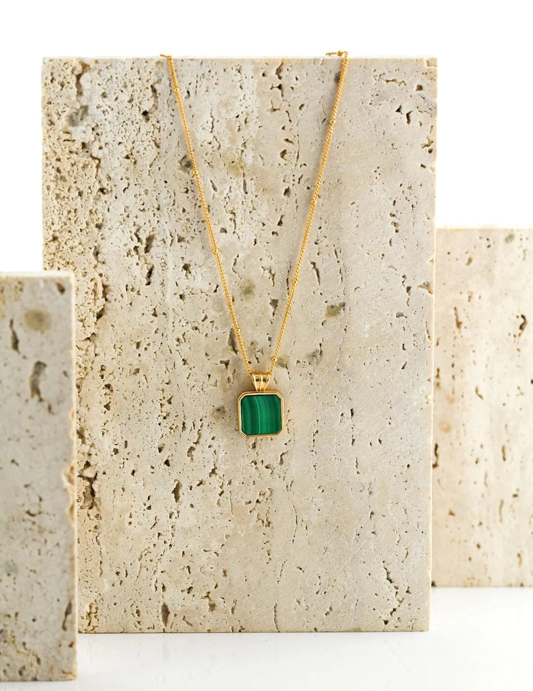 Satellite Chain Square Malachite Pendant Necklace featuring a natural malachite stone pendant on a gold vermeil chain.