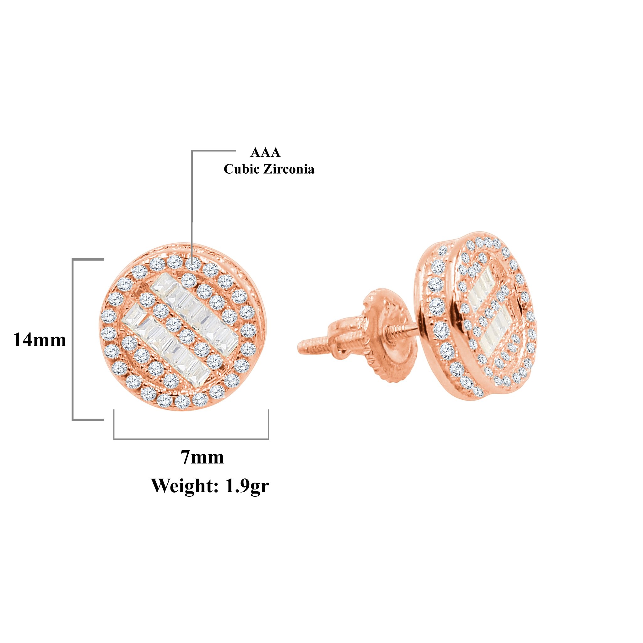 A pair of Scintillant Screw Back Earrings featuring round cut cubic zircon stones with golden color plating, elegantly designed for women.