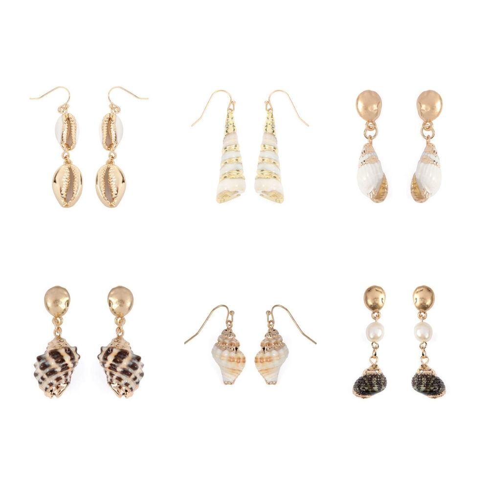 A pair of elegant Sea Shell Drop Dangling Earrings with a gold effect, showcasing unique seashell designs in various colors.