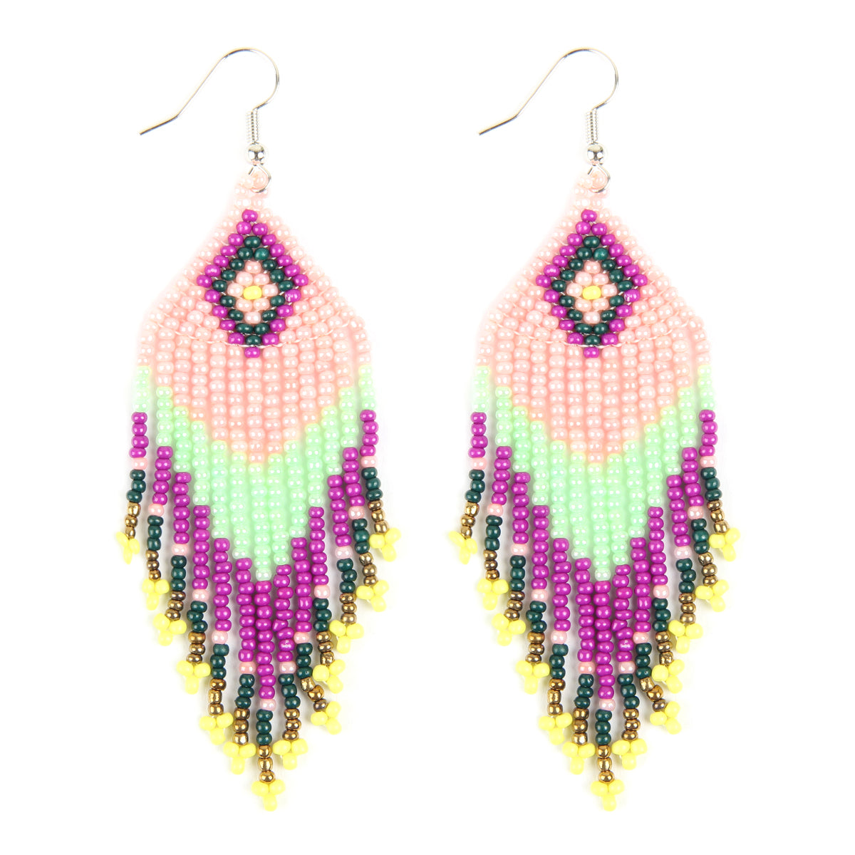 Colorful seed beads dangling drop earrings by DOBBI, showcasing a vibrant design perfect for summer and casual outfits.