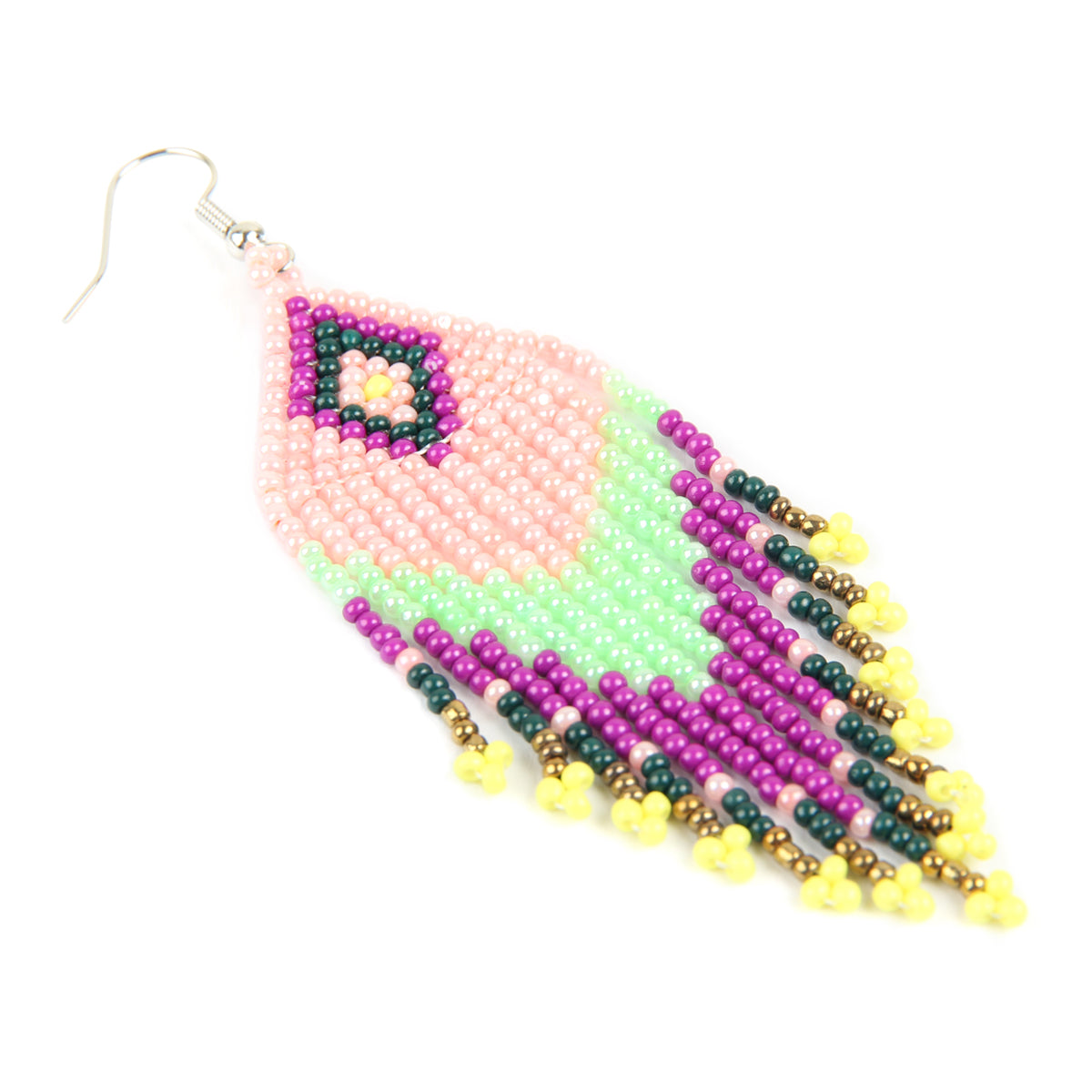 Colorful seed beads dangling drop earrings by DOBBI, showcasing a vibrant design perfect for summer and casual outfits.