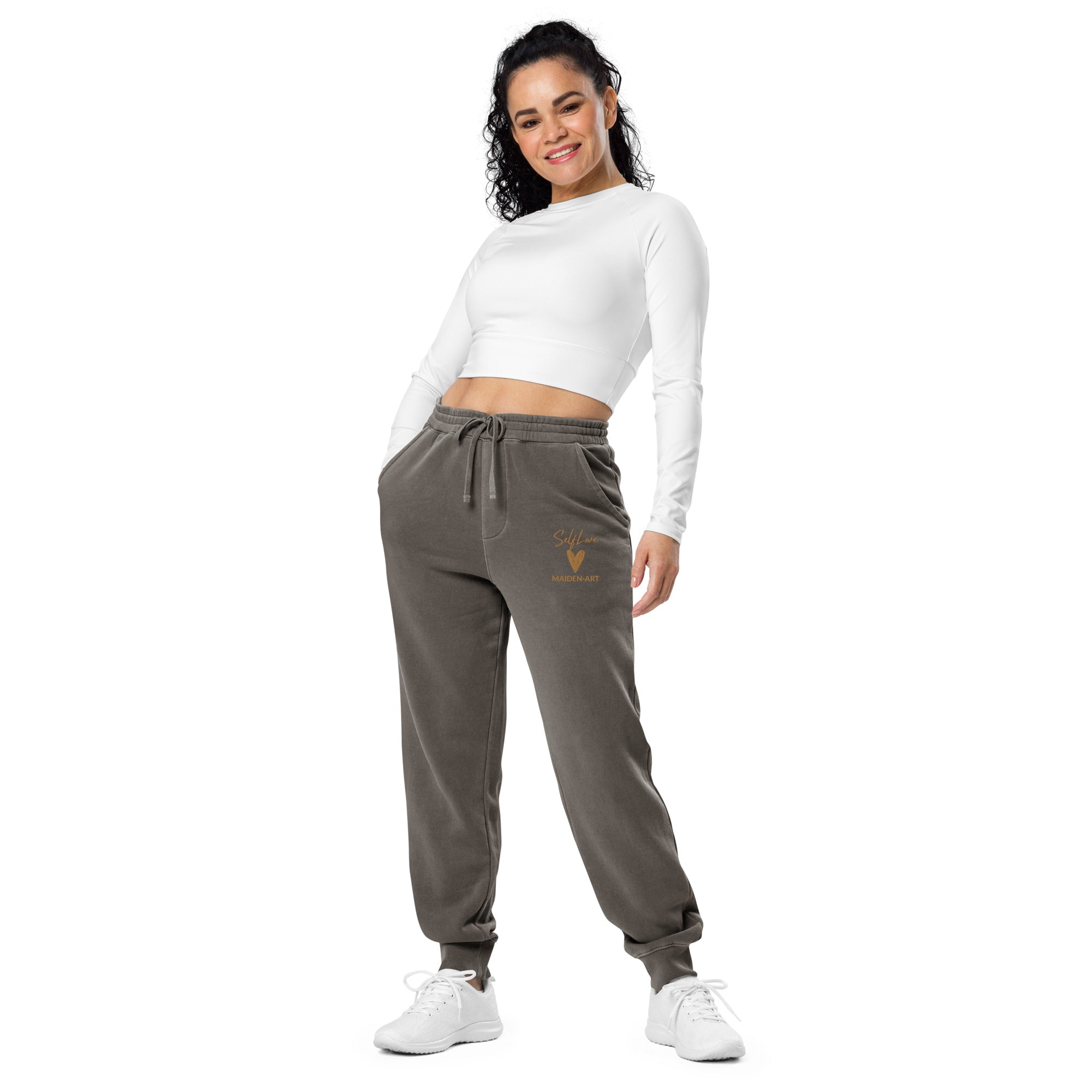 Self Love unisex pigment-dyed sweatpants with Old Gold embroidery, featuring pockets and adjustable drawstrings.