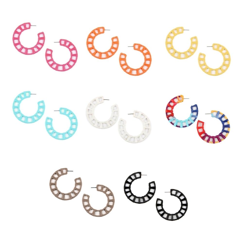 A pair of semi-circle straw wrapped post hoop earrings in vibrant colors, showcasing their unique texture and stylish design.