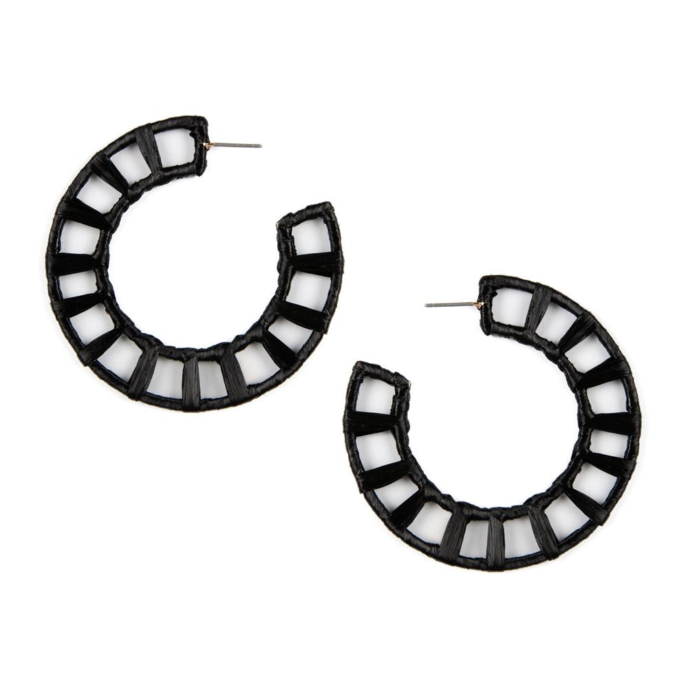 A pair of semi-circle straw wrapped post hoop earrings in vibrant colors, showcasing their unique texture and stylish design.