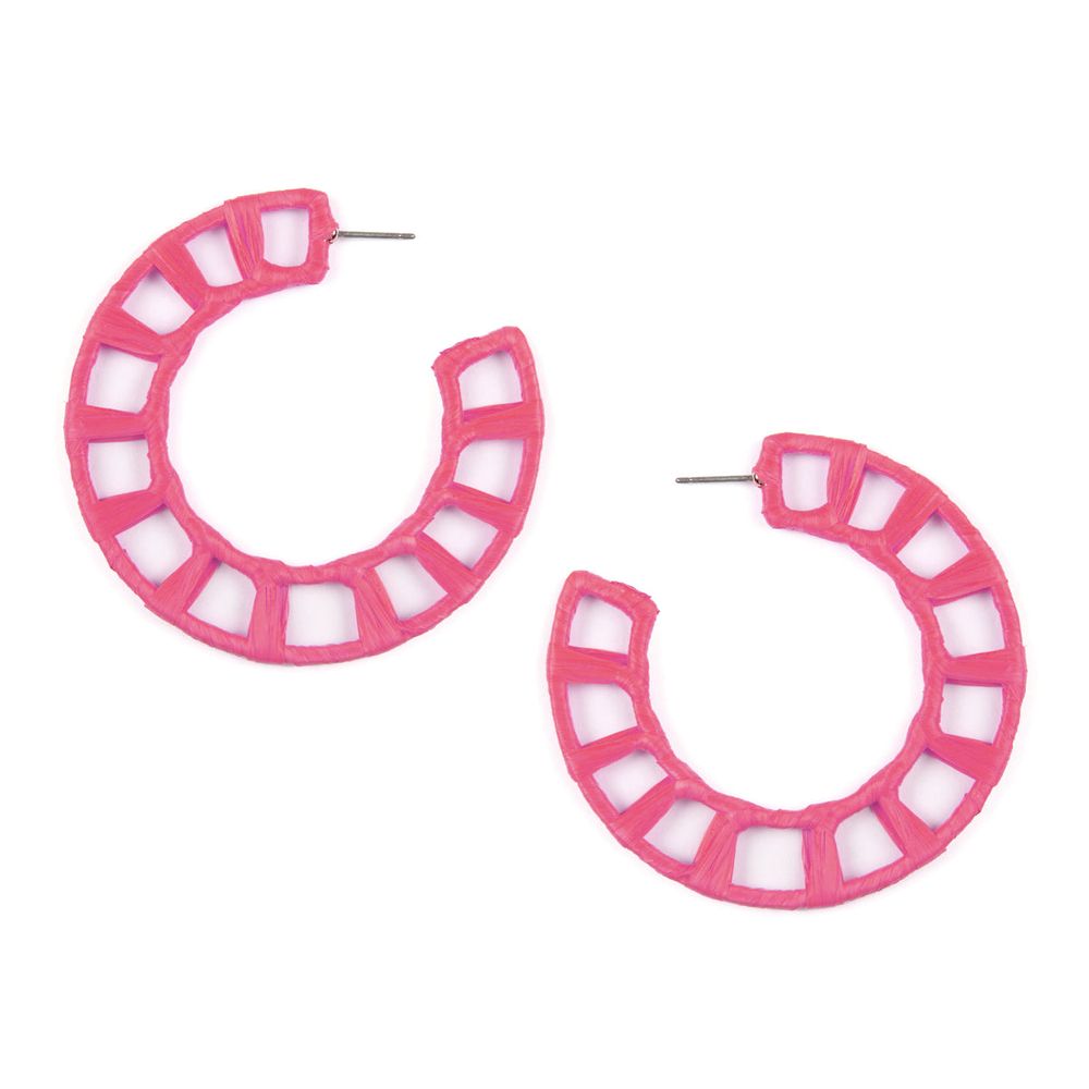 A pair of semi-circle straw wrapped post hoop earrings in vibrant colors, showcasing their unique texture and stylish design.