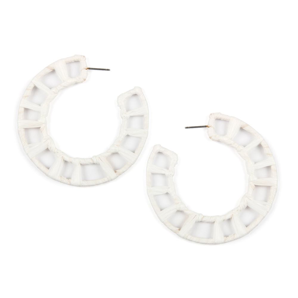 A pair of semi-circle straw wrapped post hoop earrings in vibrant colors, showcasing their unique texture and stylish design.