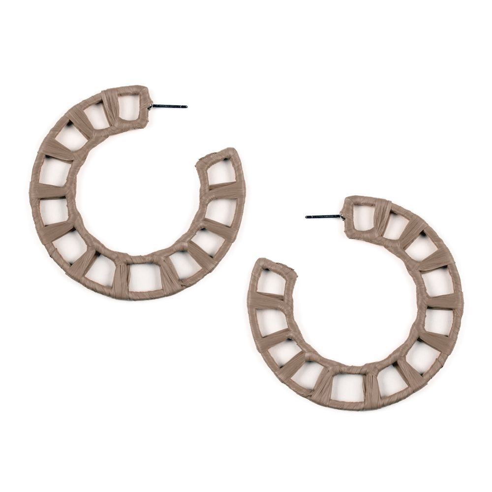 A pair of semi-circle straw wrapped post hoop earrings in vibrant colors, showcasing their unique texture and stylish design.