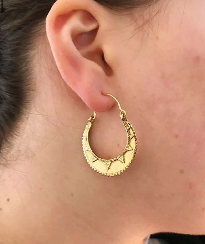 Handmade brass Semi Circular Sun Earrings with a gloss finish, featuring a unique sun-inspired design, perfect for sensitive skin.