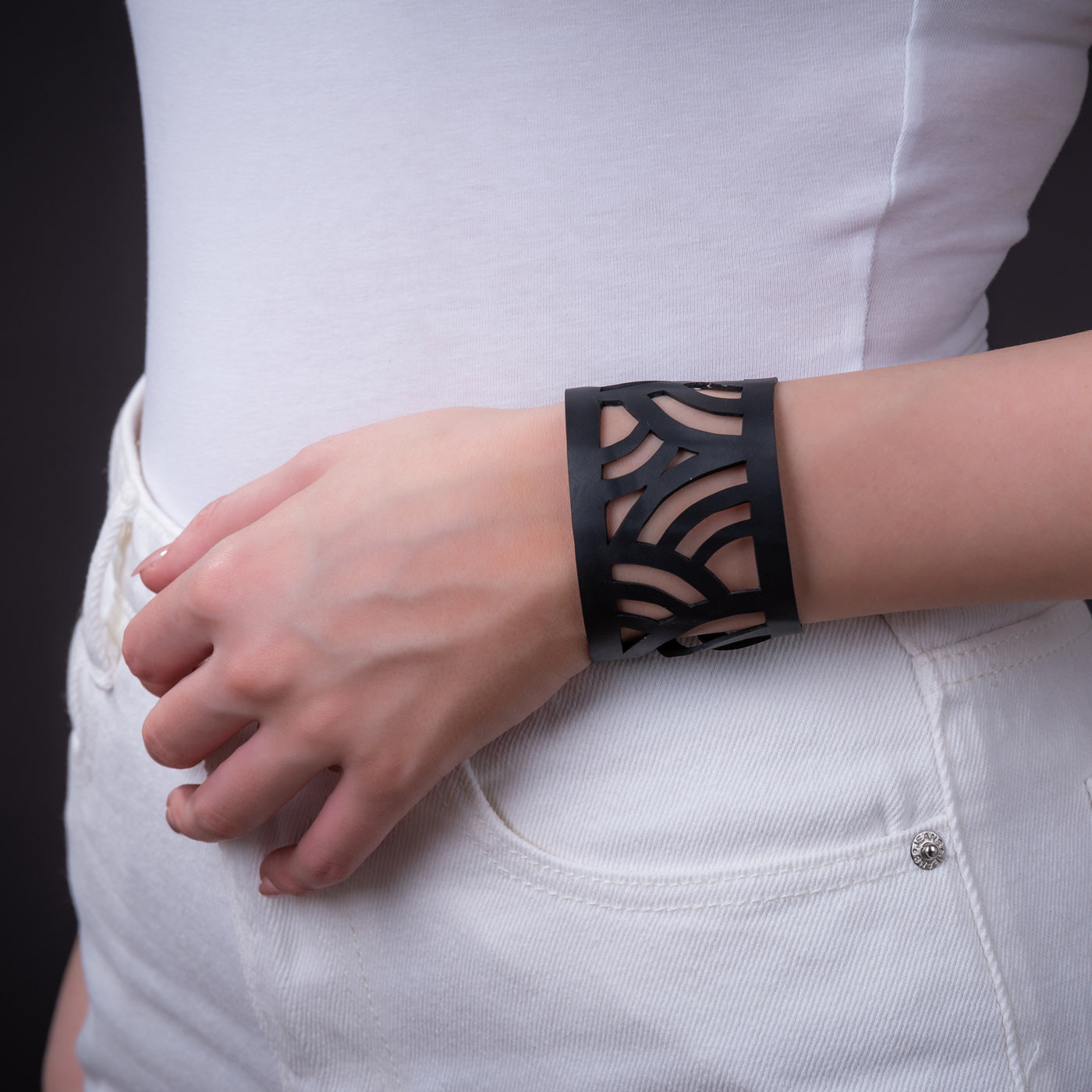 Seraphine Recycled Rubber Bracelet showcasing unique patterns and textures, handcrafted from reclaimed tyre inner tubes.