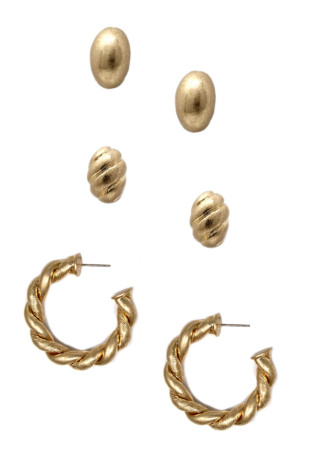 Set of 3 Well Twisted Hoop Earrings featuring small studs and large hoops in a stylish arrangement.