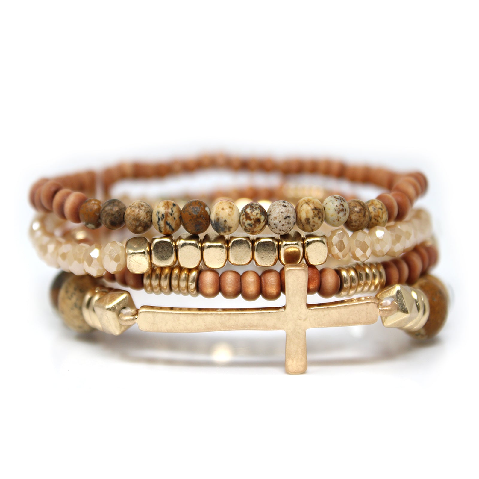 Set of 4 stylish bracelets featuring natural stone and wooden beads with a chic sided cross design.