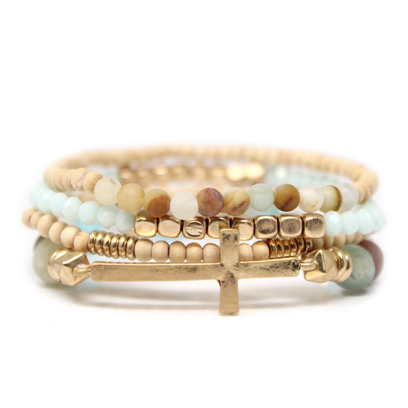 Set of 4 stylish bracelets featuring natural stone and wooden beads with a chic sided cross design.