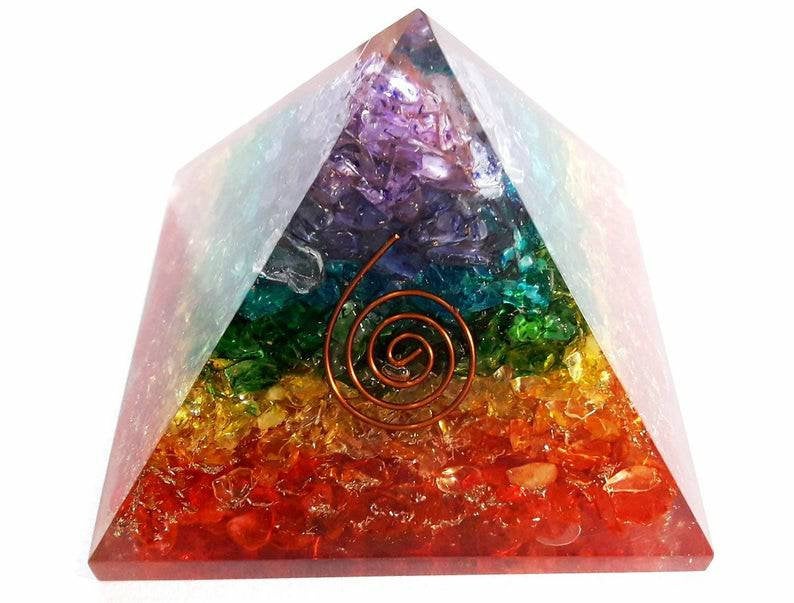 A beautifully crafted Seven Chakra Orgonite Pyramid featuring natural gemstones and copper, designed for energy healing and chakra balancing.