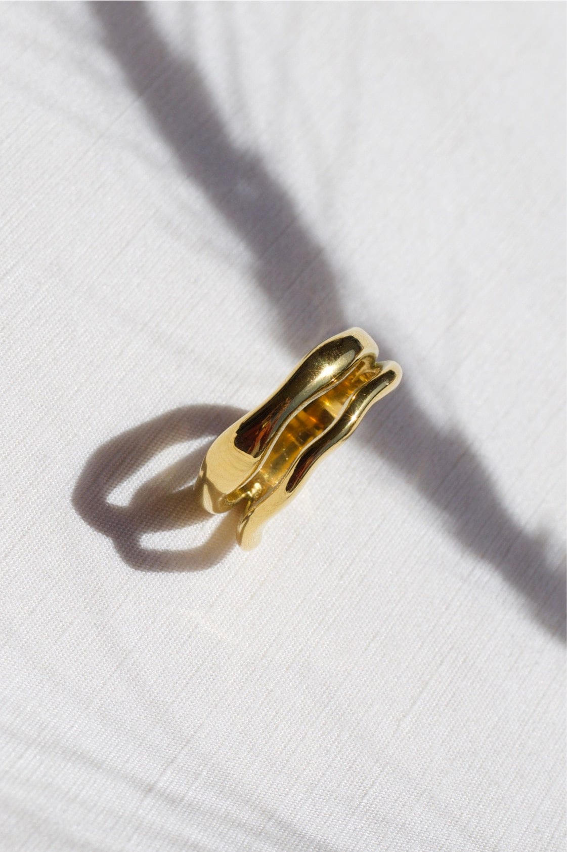 Shantina Double Layer Wave Gold Stacking Ring featuring a unique double layer design in 18k gold PVD plating over stainless steel.