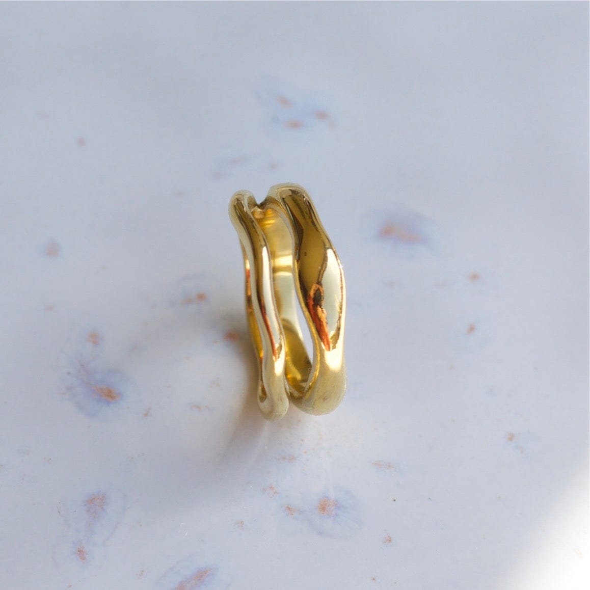 Shantina Double Layer Wave Gold Stacking Ring featuring a unique double layer design in 18k gold PVD plating over stainless steel.