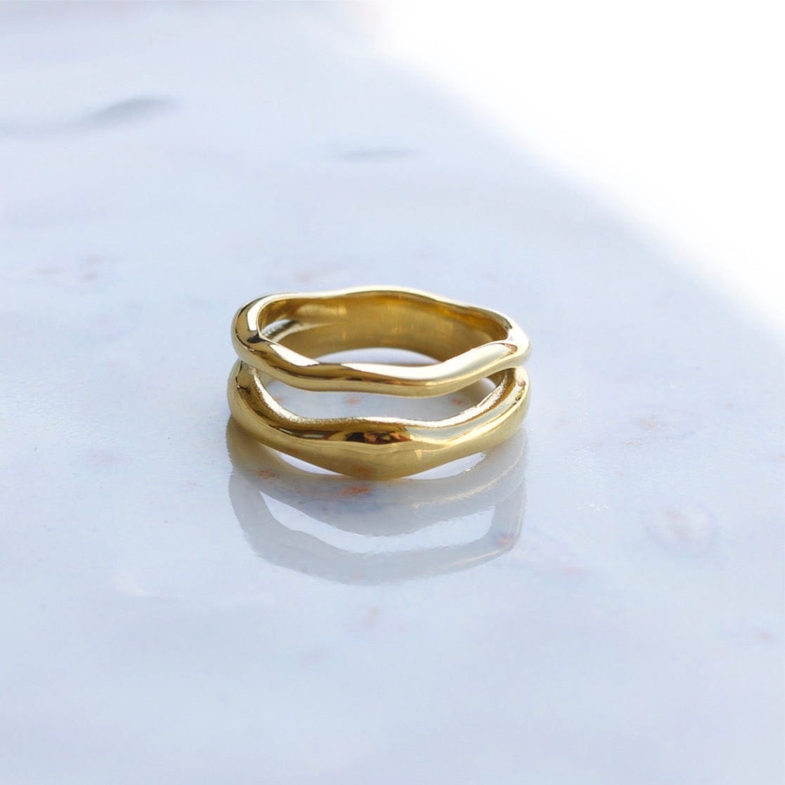 Shantina Double Layer Wave Gold Stacking Ring featuring a unique double layer design in 18k gold PVD plating over stainless steel.
