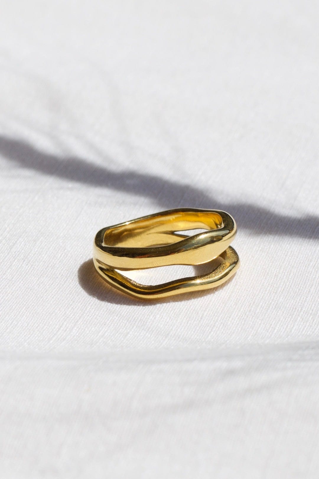 Shantina Double Layer Wave Gold Stacking Ring featuring a unique double layer design in 18k gold PVD plating over stainless steel.