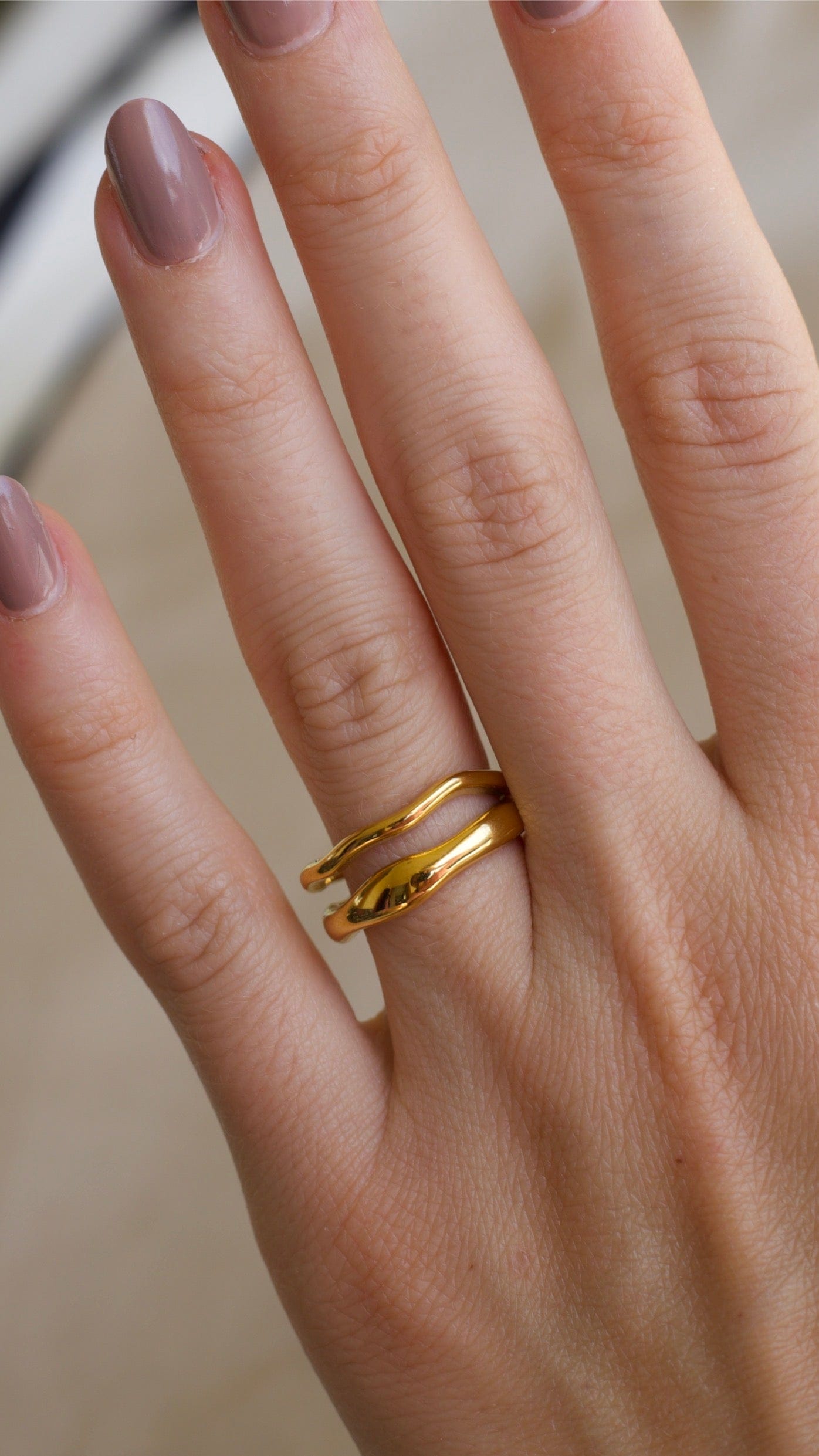 Shantina Double Layer Wave Gold Stacking Ring featuring a unique double layer design in 18k gold PVD plating over stainless steel.