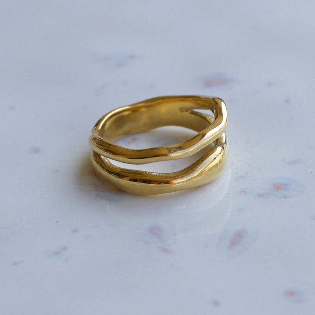 Shantina Double Layer Wave Gold Stacking Ring featuring a unique double layer design in 18k gold PVD plating over stainless steel.