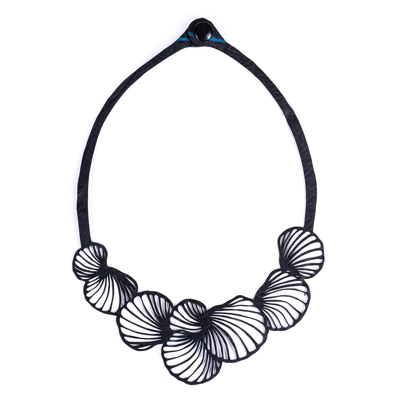 Handcrafted Shell Inner Tube Necklace made from recycled rubber, featuring unique patterns and a comfortable design, presented in a luxury gift box.