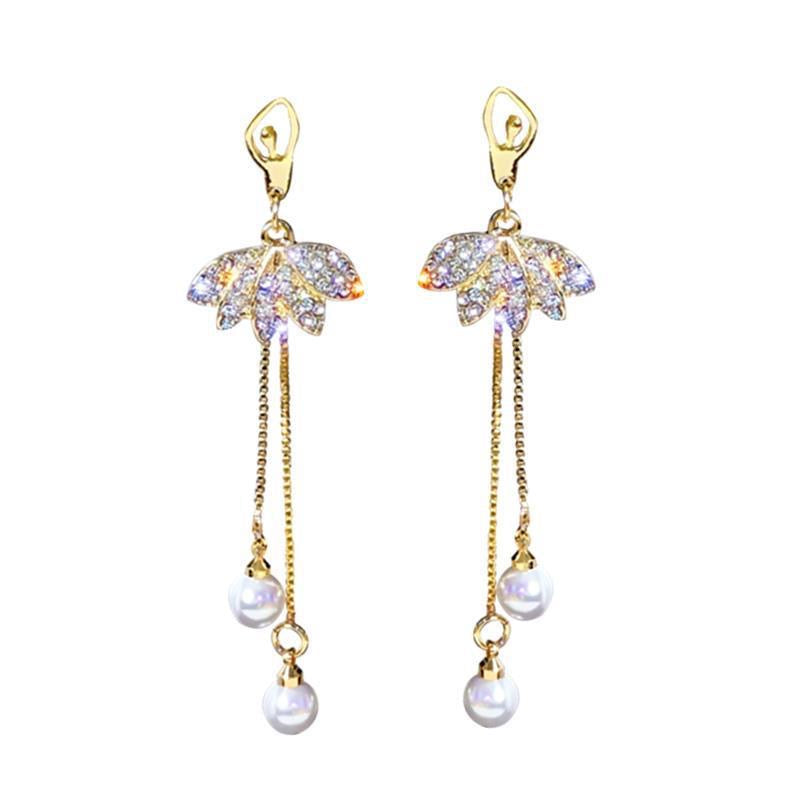 Elegant Shinning Lotus Long Earrings featuring dual pear tassels, crafted from alloy and rhinestones.