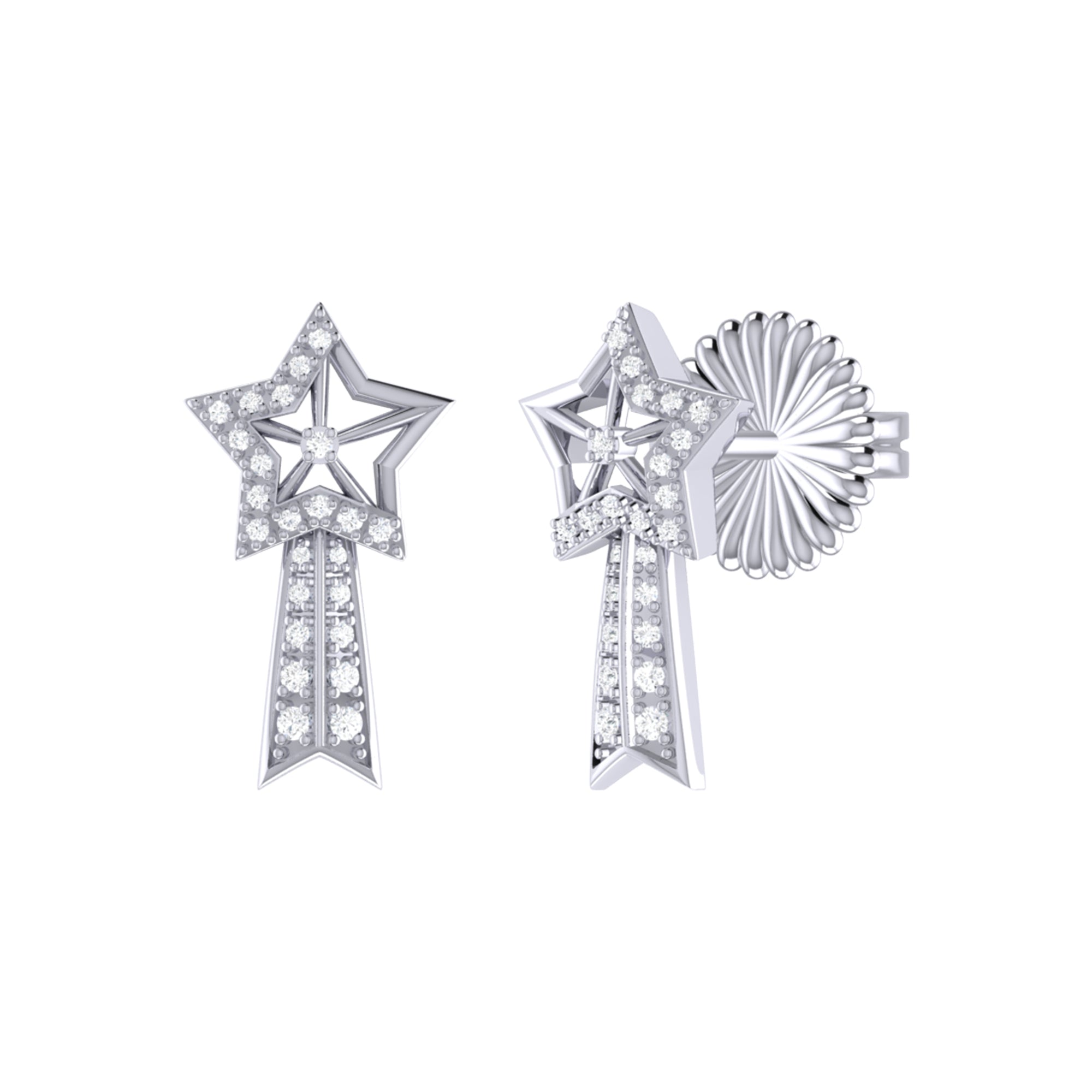A pair of Shooting Star Diamond Comet Earrings in Sterling Silver, featuring natural diamonds set in a unique comet design.
