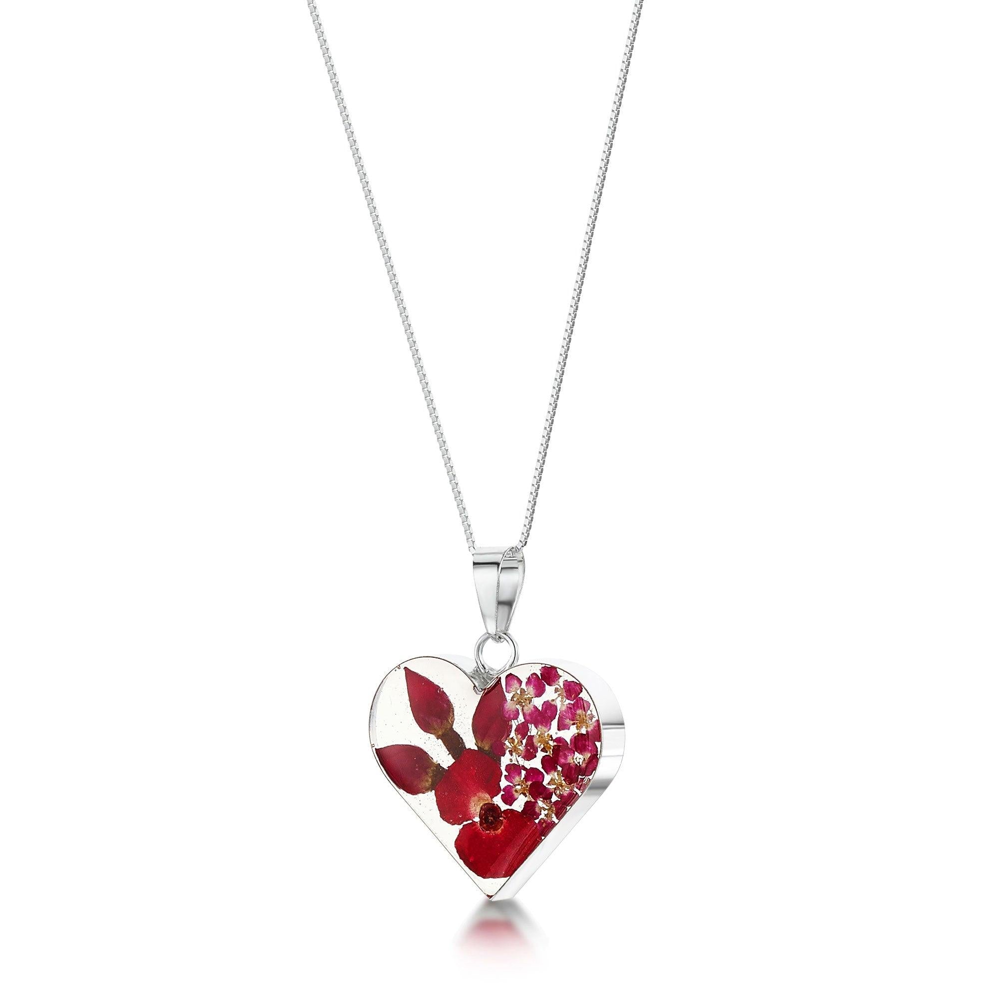 Shrieking Violet Sterling Silver Poppy Rose Heart Pendant Necklace featuring real flowers in a heart-shaped pendant with an adjustable silver chain.